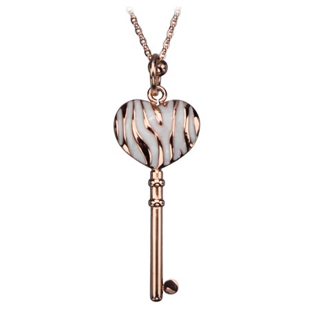 Rose Gold Plated Heart Key w/White Resin and Chain - Click Image to Close